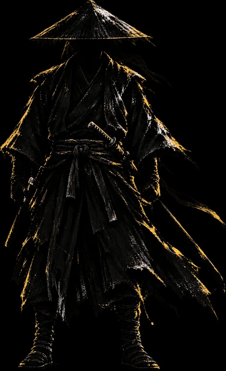 Samurai de chapéu de palha, de frente, com contorno dourado